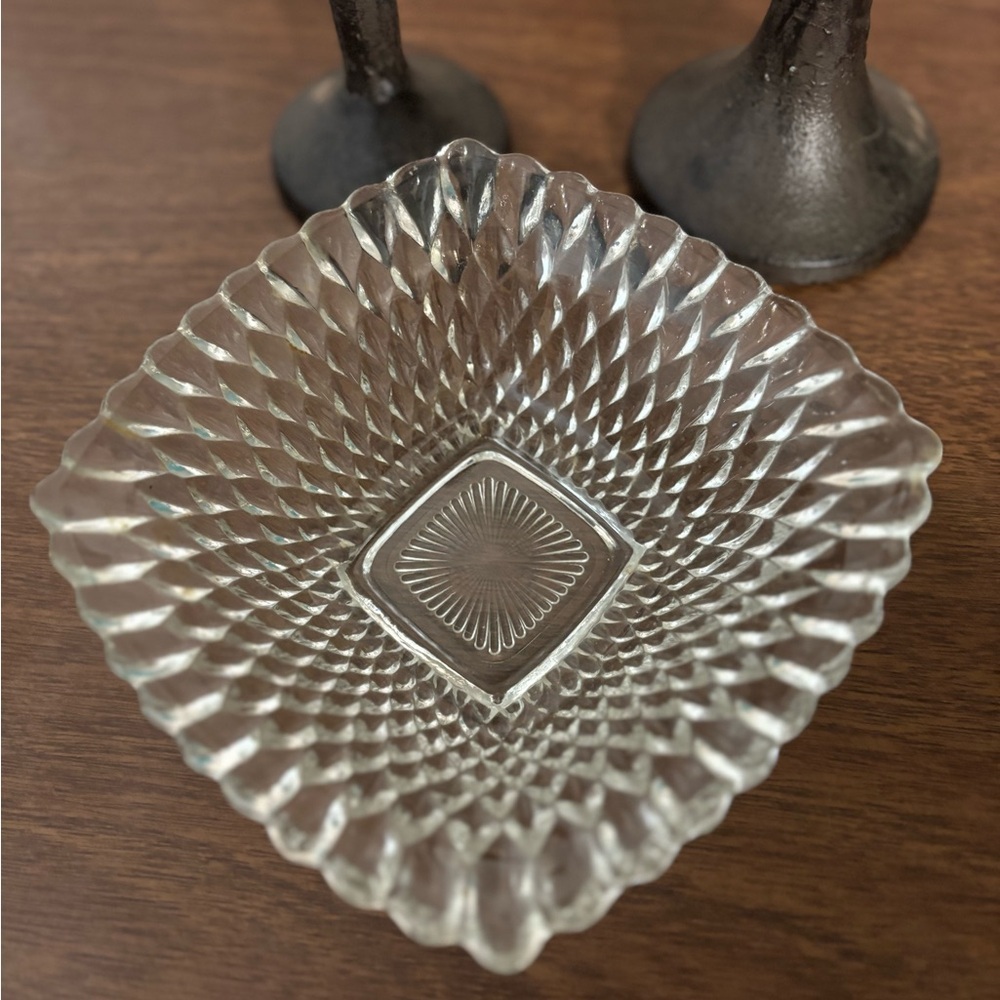 Vintage Indian Glass Diamond Point Square Candy or Serving Dish
